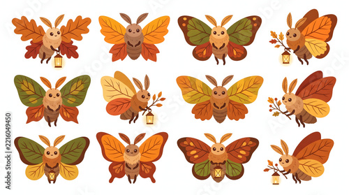 Set of cute cartoon moth characters with autumn leaf wings carrying glowing lanterns
