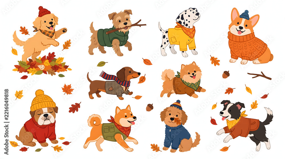 Fototapeta premium Collection of cute dogs in cozy autumn clothes playing with fallen leaves and wearing warm hats