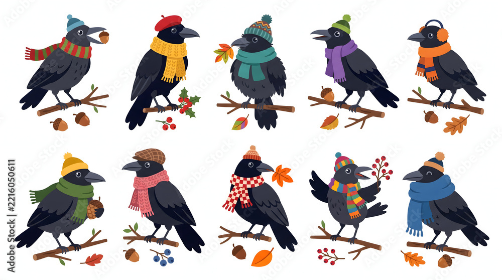 Fototapeta premium Set of cute black crows wearing colorful winter accessories and holding autumn leaves on branches