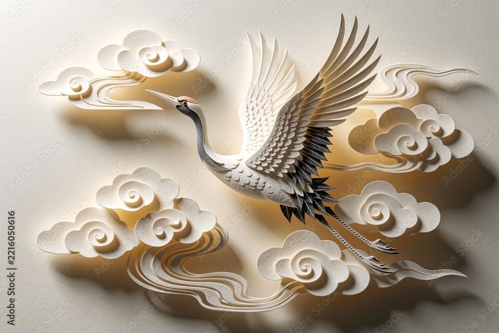 Fototapeta premium Elegant paper cut art shows white crane flying through stylized clouds. Ornate bird with detailed feathers soars in beige sky. Minimalist 3D papercraft design creates peaceful atmosphere with