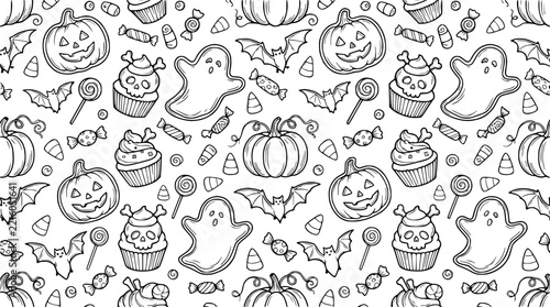 Halloween Pattern: Pumpkins, Ghosts, Bats, Cupcakes and Candy - Black and White