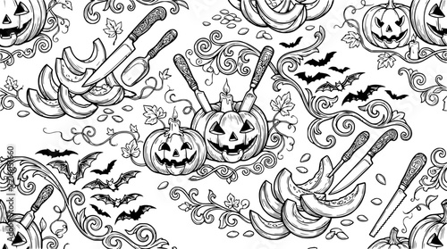 Halloween Pumpkin Carving Pattern, Bats, Knives and Candle
