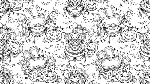 Halloween Black and White Pattern: Clowns, Pumpkins, Ghosts, Bats, Spiders, Tickets
