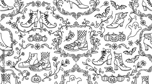 Halloween Boots Pattern, Bats, Ghosts, Pumpkins, Ornate Flourishes