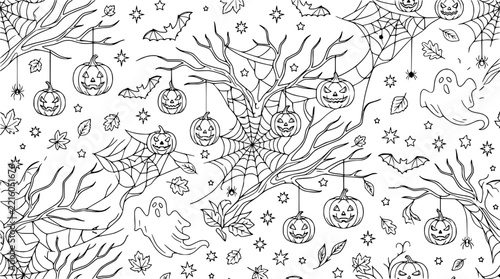 Halloween Pattern: Spooky Trees, Pumpkins, Ghosts, Bats, Spiders, Cobwebs
