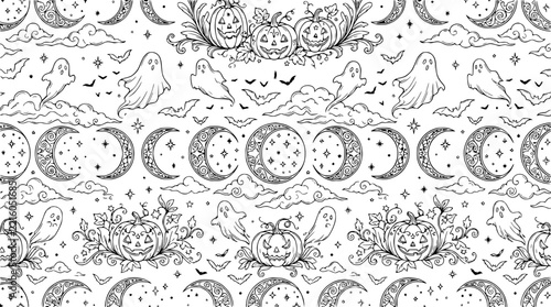 Halloween seamless pattern with pumpkins, ghosts, moons, bats, clouds