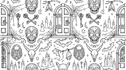 Halloween Pattern: Skulls, Bats, Doors, Keys, Cobwebs, Candles