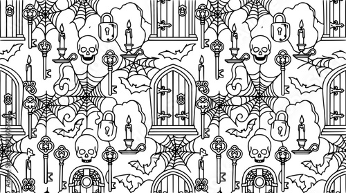 Spooky Halloween Pattern: Skulls, Bats, Keys, Candles, Cobwebs, Doors