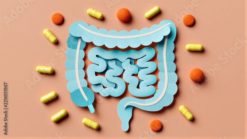 Blue paper-cut intestine surrounded by yellow pills and orange spheres on peach background.