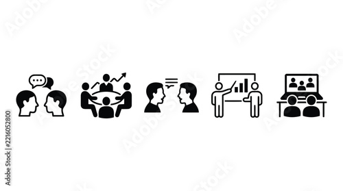 Five icons representing different types of business communication and teamwork, a