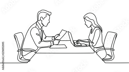 Minimalist continuous line art of a man and woman working together at a desk