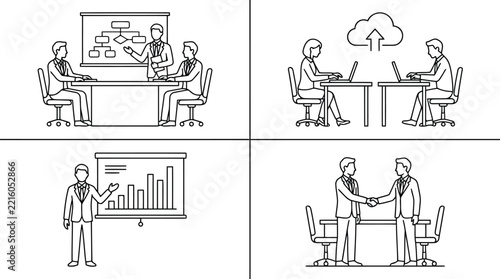 Fourpanel line art illustration depicting business activities like presentations, cloud computing, data analysis, and handshake agreements