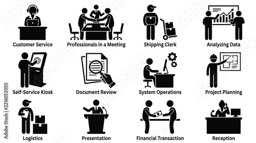 Set of stick figure icons representing various business professions and office operations