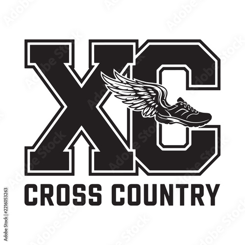 Cross country logo with winged running shoe and bold lettering black silhouette