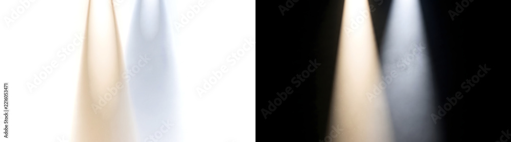 Naklejka premium Warm golden and cool blue spotlight beams falling side by side through soft haze for dramatic scenes in PNG, Transparent and Black Background Versions