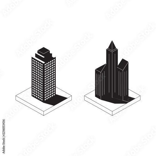 Isometric building silhouettes on white background depict modern architecture