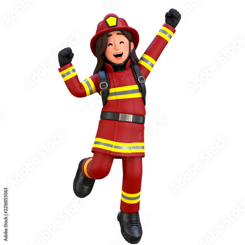 3D Render Female Firefighter Character jumping celebrating with raised arms