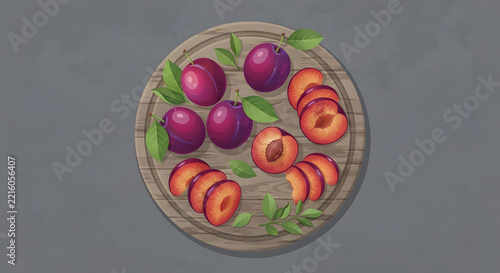 Fresh whole and sliced plums on a wooden cutting board