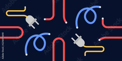 Seamless electrical service pattern featuring curved electrical wires and small plugs arranged in a clean repeating layout for residential electrical service promotions, electrician marketing material