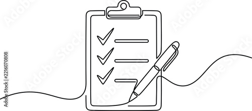 Clipboard with checklist and pen in continuous line style