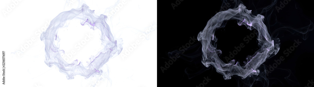 Fototapeta premium Ring of swirling smoke with soft purple highlights and tiny particles for magic designs in PNG, Transparent and Black Background Versions