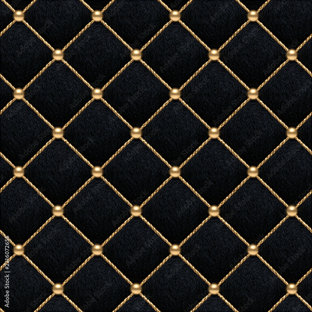 Fototapeta premium Seamless pattern black velvet fabric forming a quilted pattern, featuring golden beads and twisted ropes. Capturing elegance and rich texture