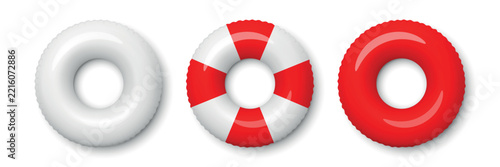 Swim Ring Set, 3d Vector Illustration. Inflatable Swim Ring Collection, Front View. White Red Pool Float and Lifebuoy Rings for Beach, Pool Party, Summer Vacation, Water Safety, Swimming Design