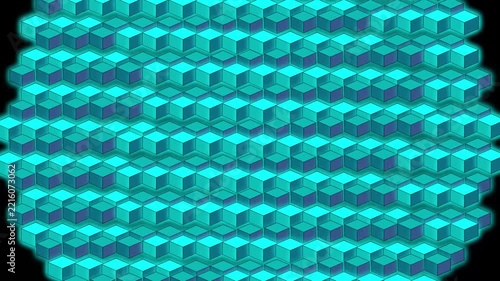 Cyan abstract geometric shapes forming rows with subtle motion and lighting changes for modern design backgrounds