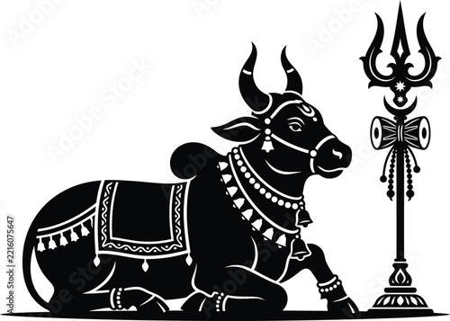 Resting sacred Nandi bull with decorative Trishul and Damru pillar vector art for Maha Shivaratri