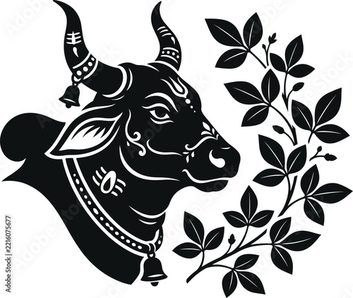 Sacred Nandi bull head silhouette decorated with floral branch for Maha Shivaratri celebration
