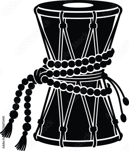 Traditional musical Damru drum wrapped with sacred Rudraksha mala beads vector illustration