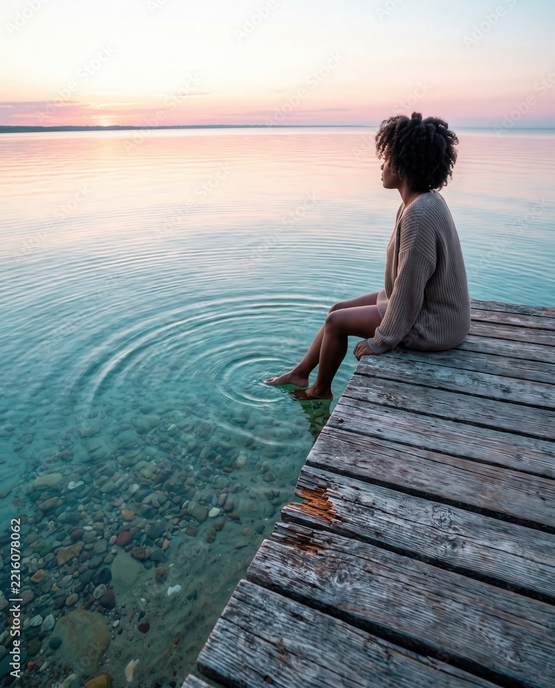 Fototapeta premium Black woman with afro hair sitting on wooden pier dipping feet in clear lake water during sunset, capturing peaceful mindfulness and solitary reflection for mental wellness and self-care.