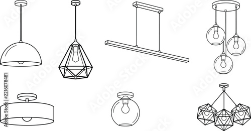 Modern Ceiling Lights Pendant Lamps Line Art Vector Collection