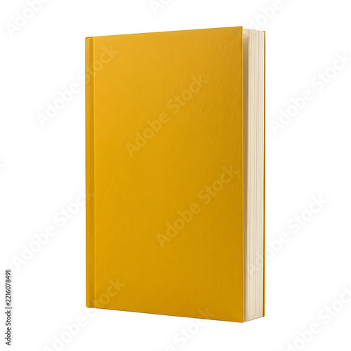 Yellow hardcover book standing upright on transparent background