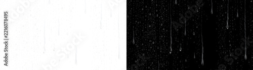 Scattered rain droplets trickle down a glass surface in fine vertical streams using PNG, Transparent and Black Background Versions for overlay use