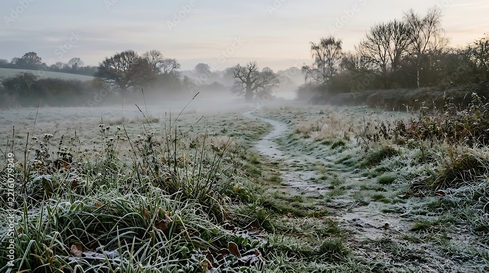 Fototapeta premium Frosty morning landscape with a path through a foggy meadow and trees at sunrise