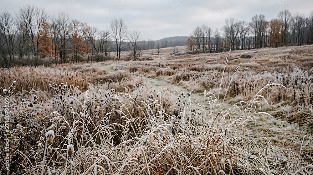 Naklejka premium Frosted Dry Grass in a Rural Meadow During a Cold Winter Morning with Bare Trees and Gray Sky