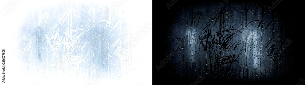 Fototapeta premium Window glass with water droplets and eerie scribbles for horror scenes in PNG, Transparent and Black Background Versions