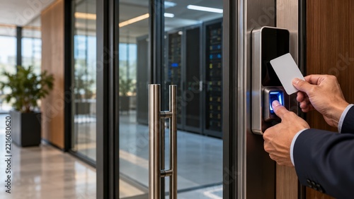 Professional hand using smart card reader access control system for secure datacenter entry entrance door authentication security
