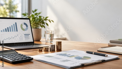 Professional finance office desk with laptop showing growth charts and currency coins for business financial analysis concepts