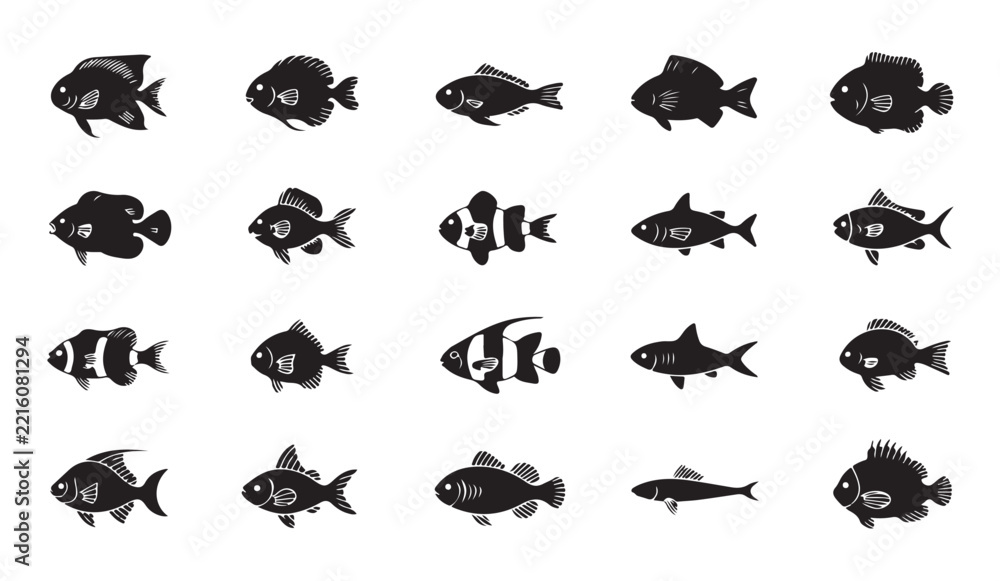 Fototapeta premium Fish silhouettes vector set black aquatic creatures for logo design and marine wildlife graphic resource illustration.