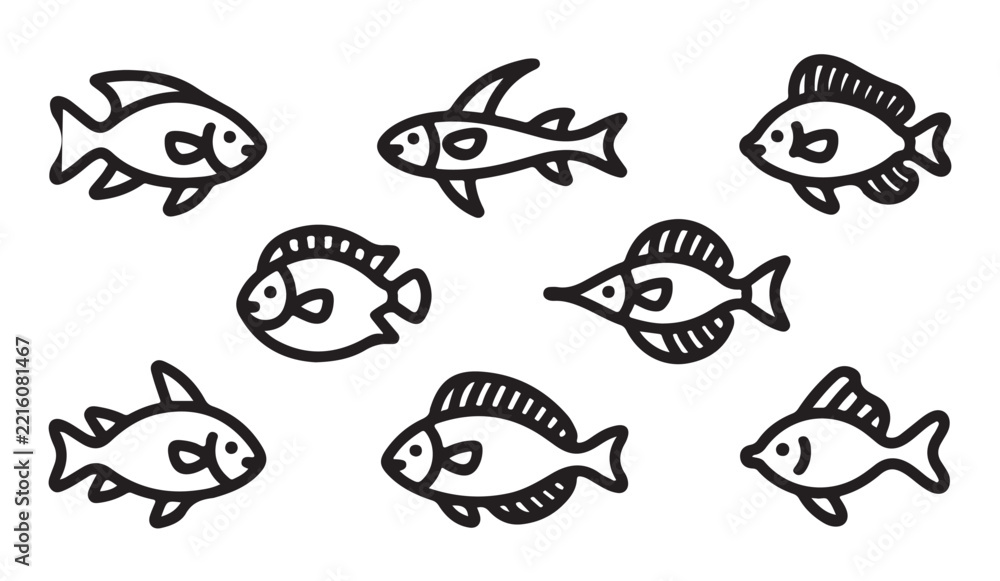 Fototapeta premium Set of minimalist black outline fish icons with distinct species shapes for marine graphic illustrations.