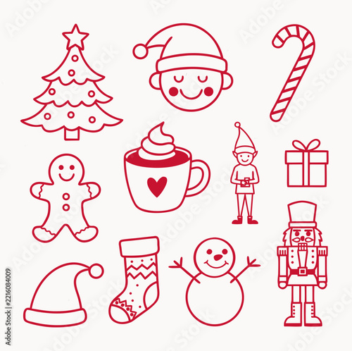 Red Hand Drawn Christmas Doodle Icon Set Santa Tree Gingerbread Snowman