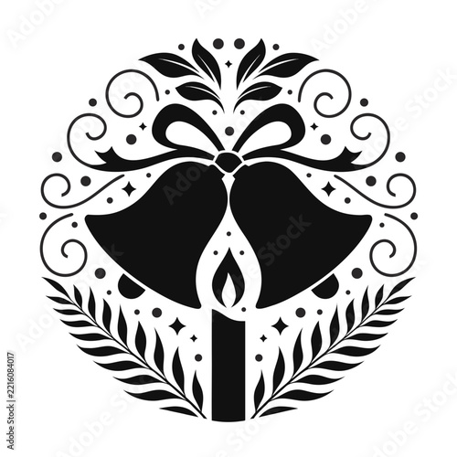 Symmetrical Christmas Bells and Candle Wreath Linocut Emblem