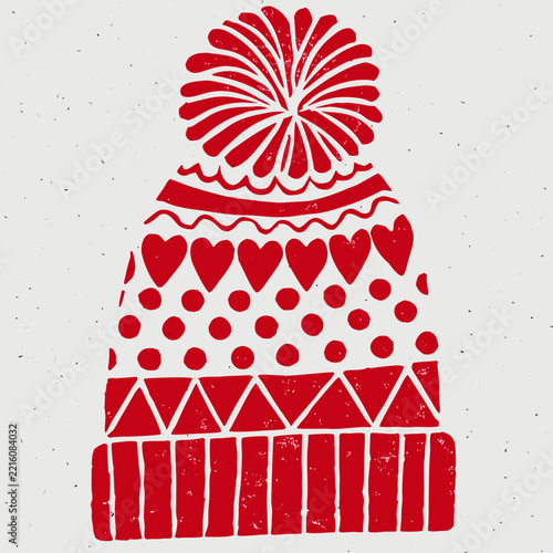 Textured Hand Carved Red Winter Beanie Hat Linocut Clipart