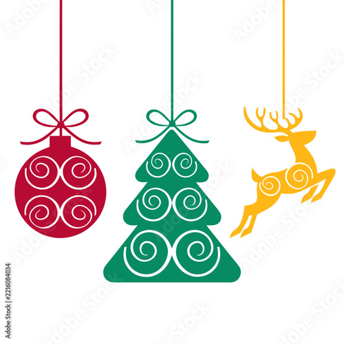 Hanging Christmas Ornaments Set Red Bauble Green Tree Yellow Reindeer
