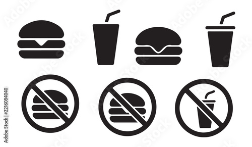 Fast food prohibited signs with burgers and sodas icons for restaurant policy and health awareness vector silhouette.