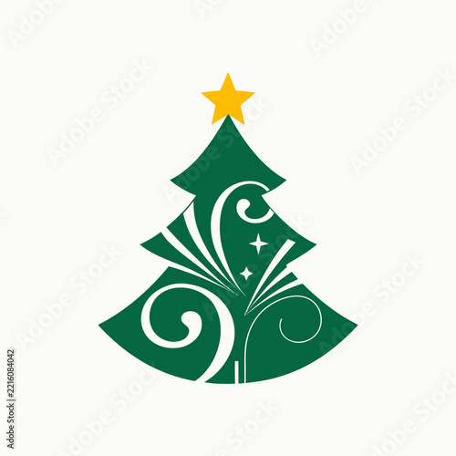 Swirl Ornament Green Christmas Tree Vector Graphic with Yellow Star