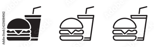 Delicious hamburger and soft drink icon set in solid black and outlined vector styles for menu graphics.