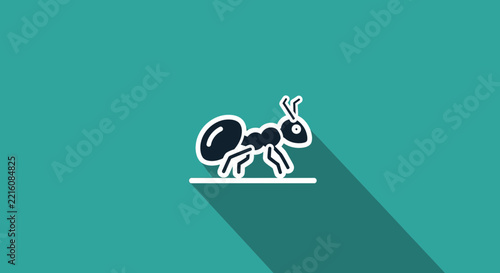Ant insect icon with long shadow on a teal background. Minimalist flat design illustration for digital web UI apps.